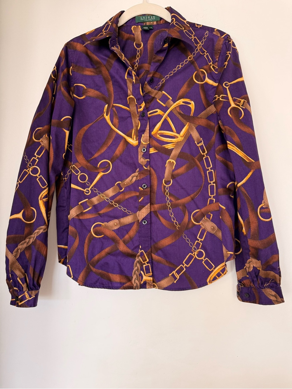 Ralph Lauren Purple & Brown Chain Print Button-Up Blouse
